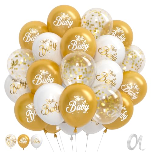 G.C 30 Stück Baby Shower Ballon Babyparty Deko, Gold Baby Shower Deko Gold Weiße Luftballons-Hello Baby für Babyparty Gender Reveal Party Deko Geburtstagsdeko Jungen Mädchen von G.C