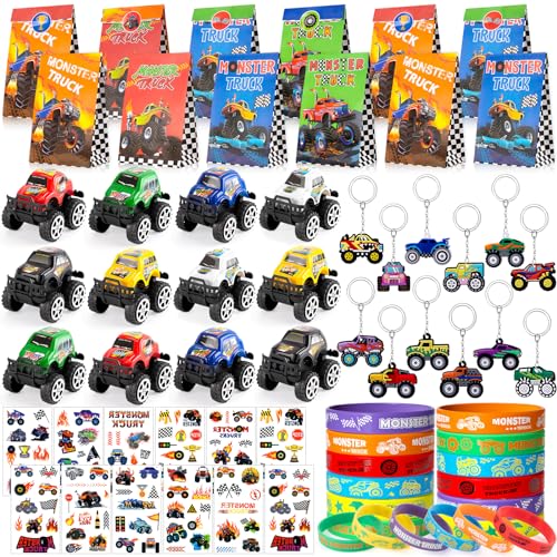 G.C Monster Truck Party Mitgebsel Kindergeburtstag mit Mini Monster Truck Schlüsselanhänger Geschenktüten Monstertruck Give Aways Gastgeschenk Kindergeburtstag Pinata Füllung für Kinder Jungen von G.C