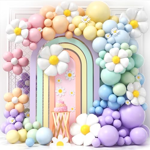 G.C Pastell Luftballons Girlande Gänseblümchen Party Deko mit Regenbogen Ballons Gänseblümchen Ballon Girlande für Kindergeburtstag Deko Hochzeit Babyshower Decorations Geburtstagsdeko Mädchen Frauen von G.C