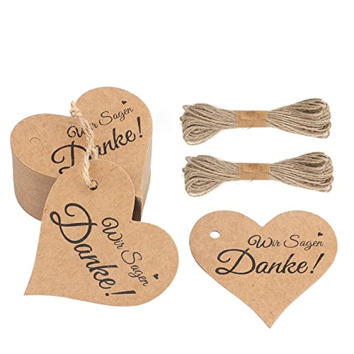 G2PLUS Wir Sagen Danke Anhänger, Braun Herz Geschenkanhänger, 100Stk Herz Papier Etiketten mit Schnur für Valentinstag Hochzeit Geschenke von G2PLUS