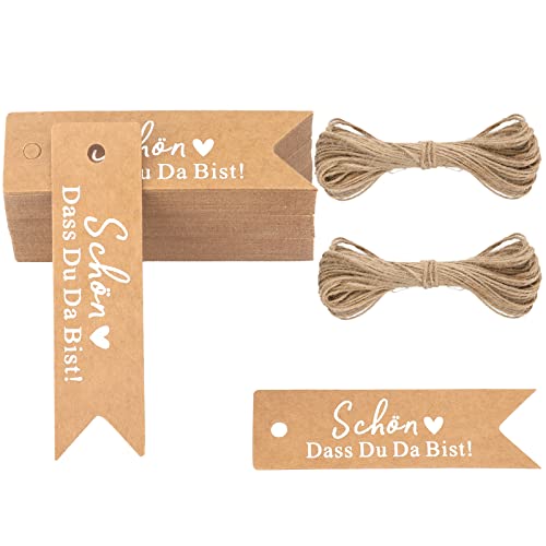 G2PLUS SCHÖN DASS DU DA BIST Geschenkanhänger, Klein Hochzeit Anhänger für Gastgeschenke, Braun und Weiß Kraftpapier Etiketten Anhänger mit Jute-Schnur für Kleine Gastgeschenke zur Hochzeit von G2PLUS