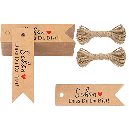 G2PLUS SCHÖN DASS DU DA BIST Geschenkanhänger, Klein Hochzeit Anhänger für Gastgeschenke, Braun und Schwarz Kraftpapier Etiketten Anhänger mit Jute-Schnur für Kleine Gastgeschenke zur Hochzeit von G2PLUS