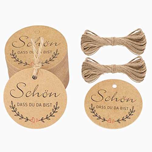 5CM Geschenkanhänger SCHÖN DASS DU DA BIST Etiketten Anhänger Tags 100stk mit 20M Jute Schnur von G2PLUS