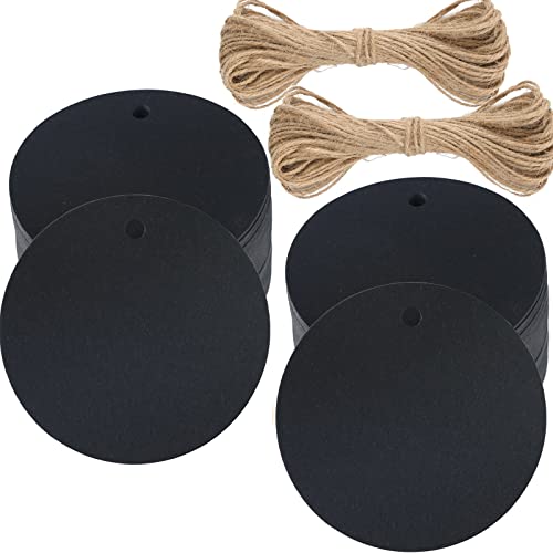 G2PLUS 100 Stk. Schwarz Geschenkanhänger, Rund Anhänger Etiketten, 5.5 CM kraftpapier Etiketten Tags mit Jute-Schnur, Blanko Papieranhänger für Art & Craft Projekt von G2PLUS