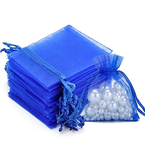 G2PLUS 100 Stück Blau Organzasäckchen, 7x9 CM Kleine Geschenk Organzabeutel, Hochzeit Organza-Beutelchen mit Kordelzug Sie als Hochzeit Bonbonsbeutel, Schmuckbeutel, Geschenkbeutel von G2PLUS