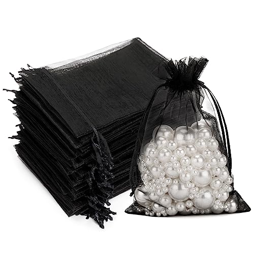 G2PLUS 100 Stück Schwarz Organzasäckchen, 10x15 CM Geschenk Organzabeutel, Hochzeit Organza-Beutelchen mit Kordelzug Sie als Hochzeit Bonbonsbeutel, Schmuckbeutel, Geschenkbeutel von G2PLUS