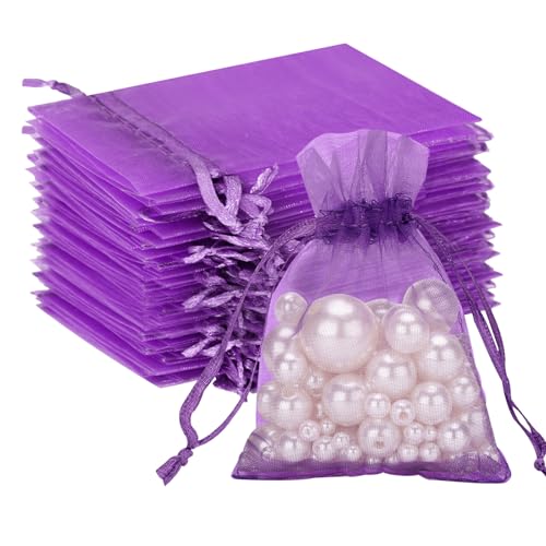 G2PLUS 100 Stück Lila Organzasäckchen, 7x9 CM Kleine Geschenk Organzabeutel, Hochzeit Organza-Beutelchen mit Kordelzug Sie als Hochzeit Bonbonsbeutel, Schmuckbeutel, Geschenkbeutel von G2PLUS