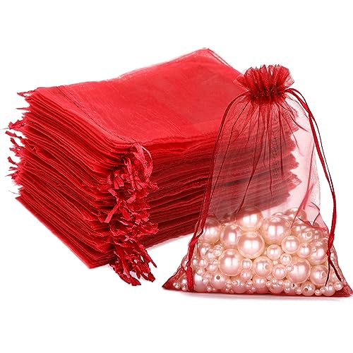 G2PLUS 100 Stück Rot Organzasäckchen, 13x18 CM Groß Geschenk Organzabeutel, Hochzeit Organza-Beutelchen mit Kordelzug Sie als Hochzeit Bonbonsbeutel, Schmuckbeutel, Geschenkbeutel von G2PLUS