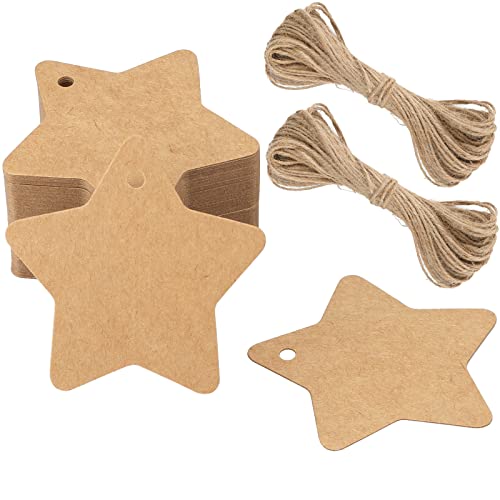 G2PLUS 100 Stück Weihnachten Etiketten Tags, 6 * 6CM Kraftpapier Stern Geschenk Anhänger mit Jute-Schnur zum Adventskalender und Weihnachtsgeschenke wurden damit verziert von G2PLUS