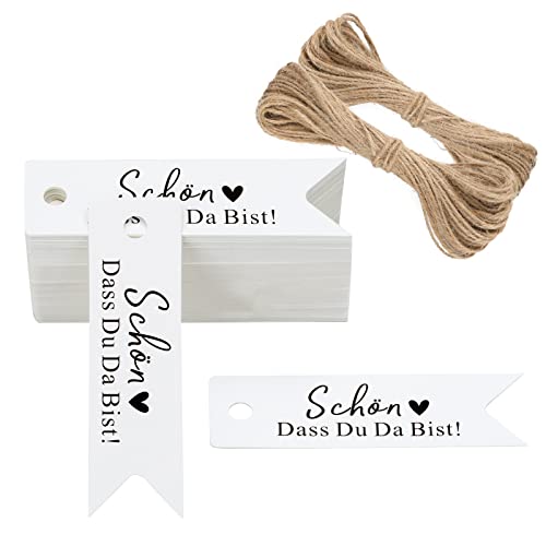 G2PLUS SCHÖN DASS DU DA BIST Geschenkanhänger, Klein Hochzeit Anhänger für Gastgeschenke, Weiß und Schwarz Papier Etiketten Anhänger mit Jute-Schnur für Kleine Gastgeschenke zur Hochzeit von G2PLUS