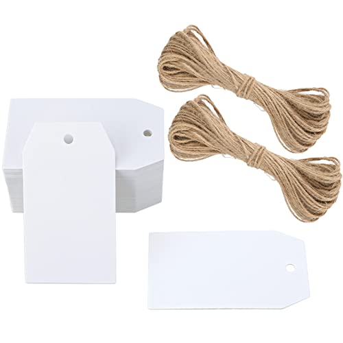 G2PLUS 100Stk Geschenkanhänger Kraftpapier Anhänger Etiketten Tags 4x7CM Anhänger Etiketten mit Jute-Schnur für Handmade,Hochzeit Geschenk Weihnachten- Weiß von G2PLUS