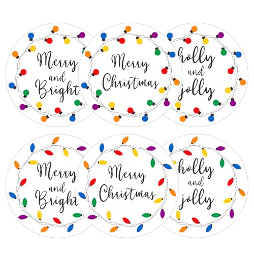 G2PLUS 120 Stück "Merry Christmas" Weihnachtaufkleber, “Merry and Bright” Weihnachten Sticker mit Lichter, 5CM Rund Geschenk Aufkleber zum Weihnachten, Weihnachten Aufkleber für Geschenke Deko von G2PLUS