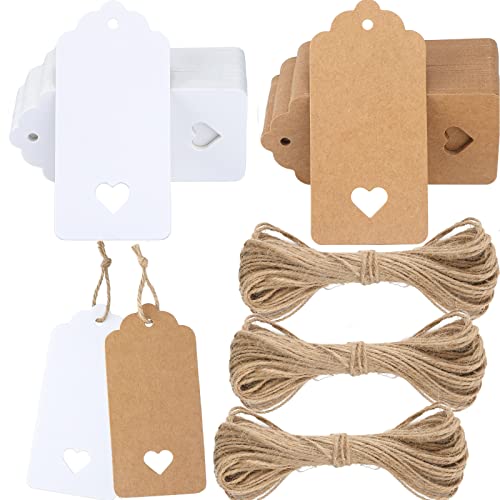 G2PLUS 200stk Geschenk Anhänger, 4.5x9.5CM Kraftpapier Etiketten Tags 300g/m² Geschenkanhänger Etiketten Herz mit Schnur für Hochzeit Geschenke zum Basteln-Braun und Weiß von G2PLUS