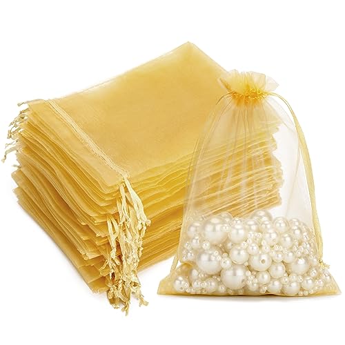 G2PLUS Gold Organzasäckchen, 10x15cm Geschenk Organzabeutel, 50 Stück Organza-Beutelchen mit Kordelzug Sie als Hochzeit Bonbonsbeutel, Schmuckbeutel, Geschenkbeutel von G2PLUS