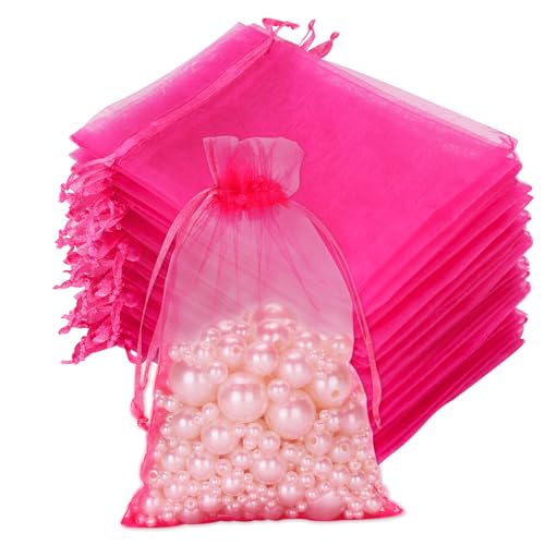 G2PLUS Rosenrot Organzasäckchen, 10x15cm Geschenk Organzabeutel, 50 Stück Organza-Beutelchen mit Kordelzug Sie als Hochzeit Bonbonsbeutel, Schmuckbeutel, Geschenkbeutel von G2PLUS