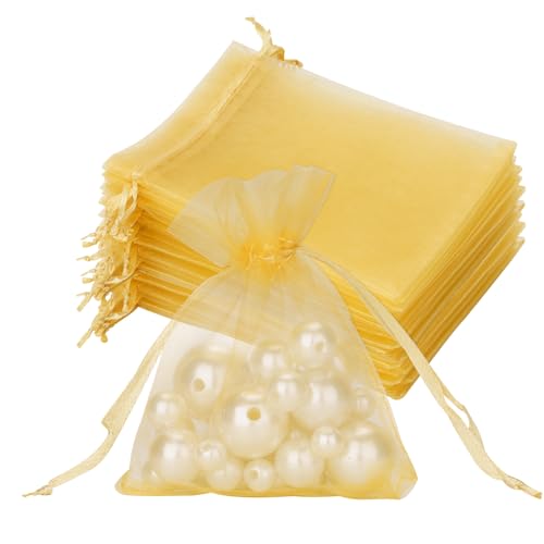 G2PLUS Gold Organzasäckchen, 7x9cm Kleine Geschenk Organzabeutel, 50 Stück Organza-Beutelchen mit Kordelzug Sie als Hochzeit Bonbonsbeutel, Schmuckbeutel, Geschenkbeutel von G2PLUS