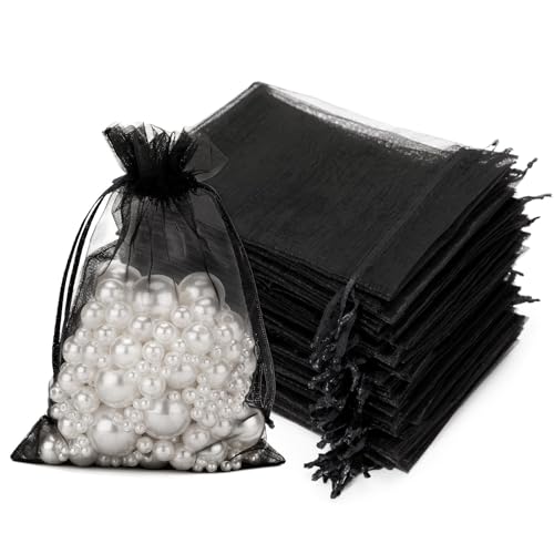 G2PLUS Schwarz Organzasäckchen, 7x9cm Kleine Geschenk Organzabeutel, 50 Stück Organza-Beutelchen mit Kordelzug Sie als Hochzeit Bonbonsbeutel, Schmuckbeutel, Geschenkbeutel von G2PLUS