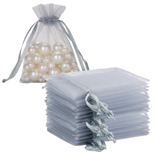 G2PLUS Silbergrau Organzasäckchen, 7x9cm Kleine Geschenk Organzabeutel, 50 Stück Organza-Beutelchen mit Kordelzug Sie als Hochzeit Bonbonsbeutel, Schmuckbeutel, Geschenkbeutel von G2PLUS