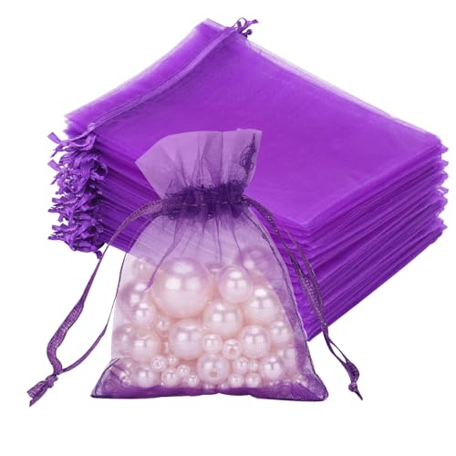 G2PLUS Violett Organzasäckchen, 7x9cm Kleine Geschenk Organzabeutel, 50 Stück Organza-Beutelchen mit Kordelzug Sie als Hochzeit Bonbonsbeutel, Schmuckbeutel, Geschenkbeutel von G2PLUS