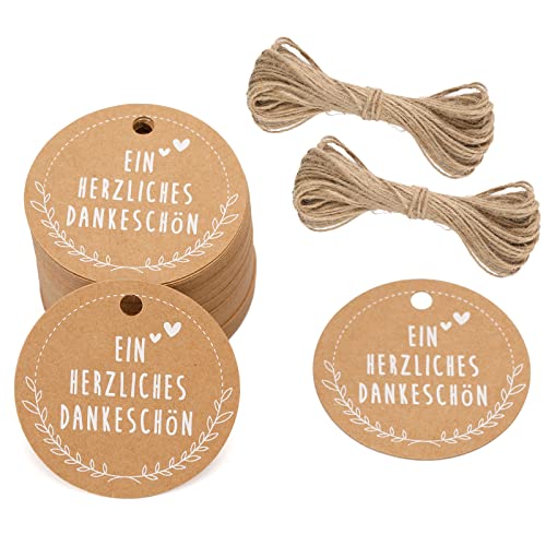 G2PLUS EIN HERZLICHENS DANKESCHÖN Geschenkanhänger, 5CM Dankeschön Geschenke Anhänger, Runden Karten Anhänger für Gastgeschenke, 100stk Braun Etiketten Anhänger mit Schnur für Dankeschön Geschenke von G2PLUS