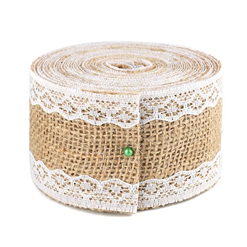 G2PLUS 5M Vintage Leinwand Hessische Jute Band Handwerk Farbband mit Weisse Spitzen für Handwerk Hochzeit Haus Dekor von G2PLUS