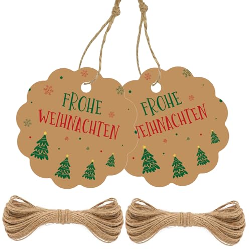 G2PLUS Braun "FROHE WEIHNACHTEN" Anhänger, 100 Stück Geschenkanhänger mit Frohe Weihnachten, 6CM Papier Weihnachtsanhänger mit Schnur, Weihnachten Etiketten Anhänger für Geschenk, Weihnachten Deko von G2PLUS