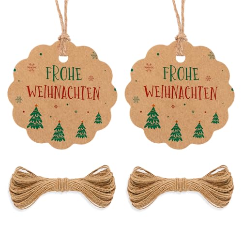 G2PLUS Braun "FROHE WEIHNACHTEN" Anhänger, 100 Stück Geschenkanhänger mit Frohe Weihnachten, 6CM Papier Weihnachtsanhänger mit Schnur, Weihnachten Etiketten Anhänger für Geschenk, Weihnachten Deko von G2PLUS