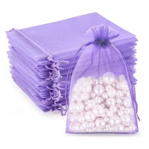 G2PLUS Flieder Organzasäckchen, 10x15cm Geschenk Organzabeutel, Organza Säckchen, 50 Stück Organza-Beutelchen mit Kordelzug Sie als Hochzeit Bonbonsbeutel,Schmuckbeutel von G2PLUS