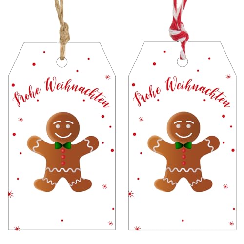 G2PLUS Frohe Weihnachten Geschenkanhänger Weiß, Lebkuchen Anhänger Frohe Weihnachten, 7x4cm Papier Weihnachtsanhänger, 100 Stück Weihnachtliche Etiketten für Weihnachten Adventskalende Deko von G2PLUS