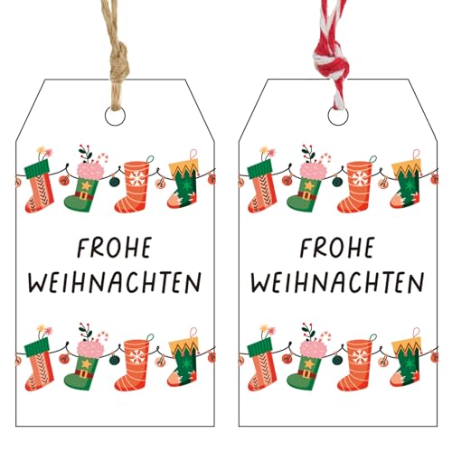 G2PLUS Frohe Weihnachten Geschenkanhänger Weiß, Weihnachtsstrümpfen Anhänger Frohe Weihnachten, 7x4cm Papier Weihnachtsanhänger, 100 Stück Weihnachtliche Etiketten für Weihnachten Adventskalende Deko von G2PLUS