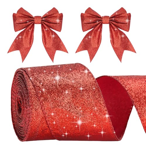 G2PLUS Rot Schleifenband mit Draht, 6CM Breite Geschenkband Glitzer, 10M Weihnachten Drahtkantenband, Rot Weihnachten Schleifenband mit Glitzer für Geschenkverpackung, Weihnachtsbäumen Deko von G2PLUS