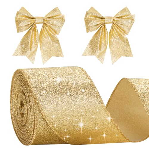 G2PLUS Gold Schleifenband mit Draht, 6CM Breite Geschenkband Glitzer, 10M Weihnachten Drahtkantenband, Gold Weihnachten Schleifenband mit Glitzer für Geschenkverpackung, Weihnachtsbäumen Deko von G2PLUS