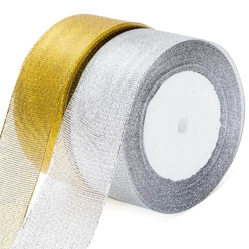 G2PLUS Gold und Silber Geschenkband Weihnachten, 40mm Organza Schleifenband Weihnachten, Breit Geschenkbänder Weihnachten, 44M Glitzer Dekoband zum Weihnachten Geschenk Verpackung von G2PLUS