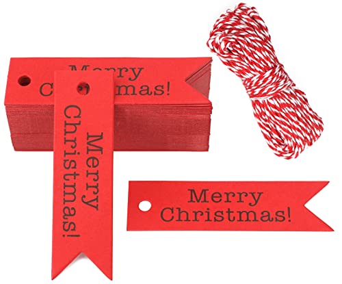 G2PLUS Klein Merry Christmas Geschenkanhänger, Rot Weihnachten Anhänger Geschenk,100 Stk Weihnachten Etiketten, 2x7CM Weihnachtsanhänger Papier zum Geschenke oder Weihnachten Adventkalender Deko von G2PLUS