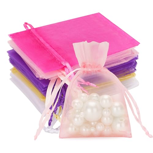 G2PLUS Multicolor Organzasäckchen, 7x9cm Kleine Geschenk Organzabeutel, 100 Stück Organza-Beutelchen mit Kordelzug Sie als Hochzeit Bonbonsbeutel, Schmuckbeutel, Geschenkbeutel von G2PLUS