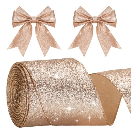 G2PLUS Roségold Schleifenband mit Draht, 6CM Breite Geschenkband Glitzer, 10M Weihnachten Drahtkantenband, Weihnachten Schleifenband mit Glitzer für Geschenkverpackung, Weihnachtsbäumen Deko von G2PLUS