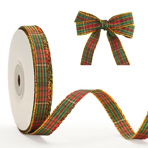 G2PLUS Rot und Grün Geschenkband 10mm, Schmal Weihnachten Karoband mit Goldkante, 22m Plaid Weihnachten Bänder für Geschenke, Dekoband zum Weihnachtskränze, Weihnachtsbaum Deko von G2PLUS