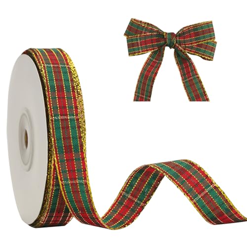 G2PLUS Rot und Grün Geschenkband 15mm, Schmal Weihnachten Karoband mit Goldkante, 22m Plaid Weihnachten Bänder für Geschenke, Dekoband zum Weihnachtskränze, Weihnachtsbaum Deko von G2PLUS