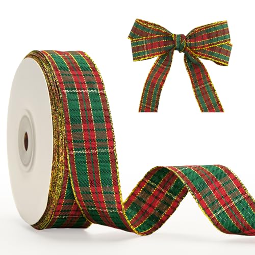 G2PLUS Rot und Grün Geschenkband 25mm, Schmal Weihnachten Karoband mit Goldkante, 22m Plaid Weihnachten Bänder für Geschenke, Dekoband zum Weihnachtskränze, Weihnachtsbaum Deko von G2PLUS