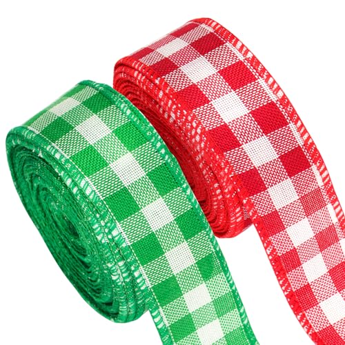 G2PLUS Rot und Grün Weihnachten Juteband, 40mm Breit Geschenkband zum Basteln, 20M Kariertes Sackleinen Band mit Draht, Weihnacht Dekoband für Geschenk, Weihnachtskranz, Weihnachtsbaum von G2PLUS