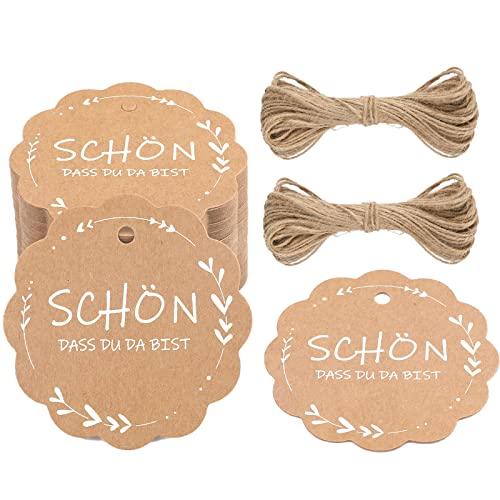 G2PLUS SCHÖN DASS DU DA BIST Geschenkanhänger, 6CM Hochzeit Anhänger für Gastgeschenke, Braun und Weiß Kraftpapier Etiketten Anhänger mit Jute-Schnur für Kleine Gastgeschenke zur Hochzeit von G2PLUS