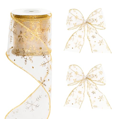 G2PLUS Schneeflocke Organzaband mit Draht, 6cm Gold Schneeflocke Dekoband, 10M Glitter Organza Geschenkband, Breite Weihnachten Schneeflocke Band für Weihnachtsbaum, Weihnachtsgeschenk von G2PLUS