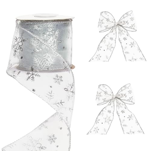 G2PLUS Schneeflocke Organzaband mit Draht, 6cm Silber Schneeflocke Dekoband, 10M Glitter Organza Geschenkband, Breite Weihnachten Schneeflocke Band für Weihnachtsbaum, Geschenk Verpackung von G2PLUS