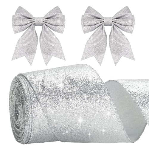 G2PLUS Silber Schleifenband mit Draht, 6CM Breite Geschenkband Glitzer, 10M Weihnachten Drahtkantenband, Silber Weihnachten Schleifenband mit Glitzer für Geschenkverpackung, Weihnachtsbäumen Deko von G2PLUS