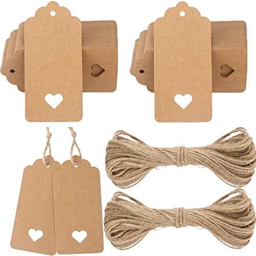 G2PLUS 100stk Geschenk Anhänger Braun, 4.5x9.5CM Kraftpapier Etiketten Tags, 300g/m² Geschenkanhänger Etiketten Herz mit Schnur für Hochzeit Geschenke zum Basteln von G2PLUS