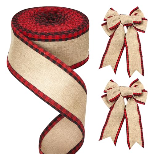 G2PLUS Weihnachten Juteband mit Draht, 6.4CM Breit Geschenkband zum Basteln, 10M Sackleinen Band mit Rote und Schwarz Kariertes, Weihnacht Dekoband Verdrahtet für Geschenk, Kranz, Weihnachtsbaum von G2PLUS