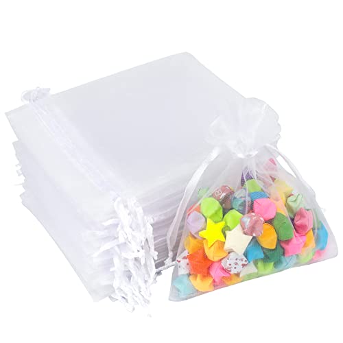 G2PLUS Weiß Organzasäckchen Kleine, 10x12cm Geschenk Organzabeutel, 100 Stück Organza-Beutelchen mit Kordelzug Sie als Hochzeit Bonbonsbeutel, Schmuckbeutel, Geschenkbeutel von G2PLUS