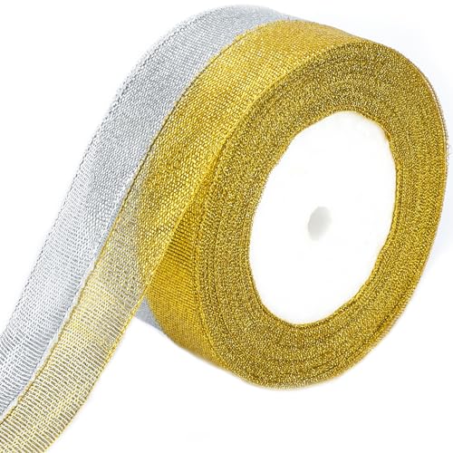 G2PLUS Gold und Silber Geschenkband Weihnachten, 20mm Organza Schleifenband Weihnachten, Geschenkbänder Weihnachten, 44M Glitzer Dekoband zum Weihnachten Geschenk Verpackung von G2PLUS