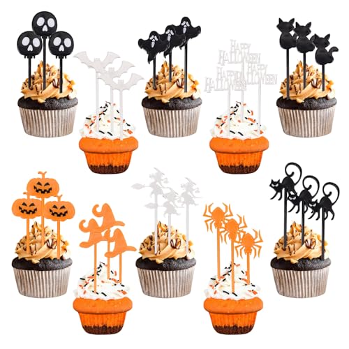 100 Stück Halloween Cupcake Topper, 10 Stile Kuchendeko Fruit Picks, Lustige Halloween Cake Topper Fledermaus Geist Kürbis Spinne für Halloween Party Kuchen Essen Käseplatte Vorspeisen Dekor von GADITIEK