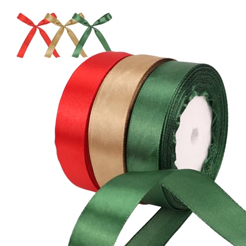 3 Stück Satinband, 3x22m Geschenkband, 20mm Breit Seidenband, Schleifenband Hochzeit Schultüte Stoff Floristenband Dekoband Geschenkbänder Ribbon für Weihnachten Packung Sträuße (Gold + Rot + Grün) von GADITIEK